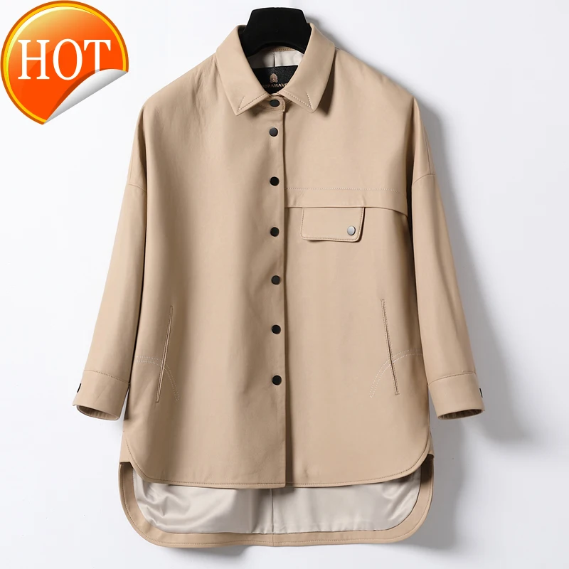 

Autumn 2020 new leather clothing women's sheep leather fashion shirt leather coat loose version nine point sleeve fashion