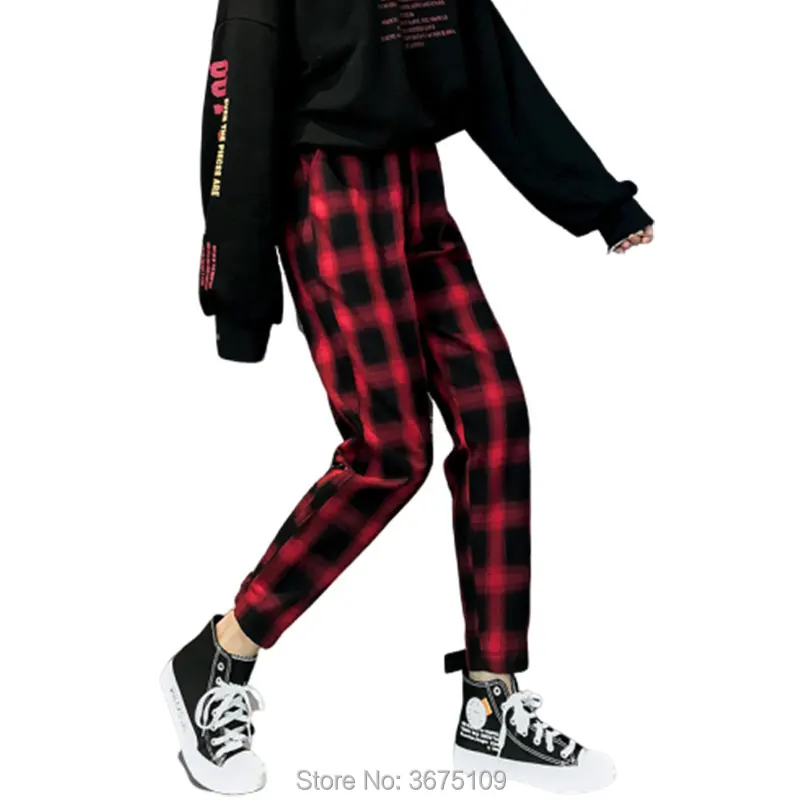 Брюки карго женские в клетку с поясом на резинке|Брюки| |