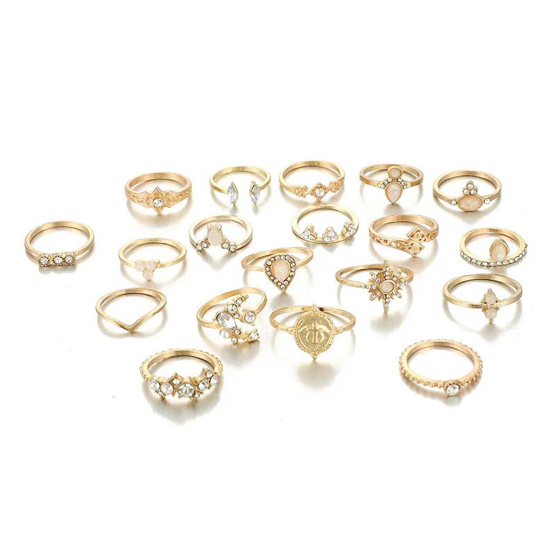 

19 Pieces/set of Retro Gold Diamond-studded Hollow Star Drop-shaped Ring Women's Fashion Round Finger Ring Set Party Jewelry