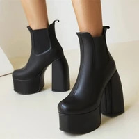 unique stone print black boots retro thick sole platform ankle boots womens high chunky heels shoes big size 43