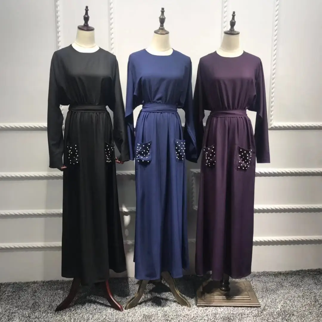 

WEPBEL Middle East Women Dress Muslim Abaya Turkey Pockets Beading Full Sleeve High Waist Sashes Ramadan Islamic