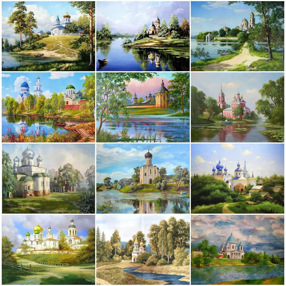 

5D Full Round Diamond Embroidery Church Summer Scenic Diamond Painting Full Square Landscape Picture Rhinestones Mosaic Handmade