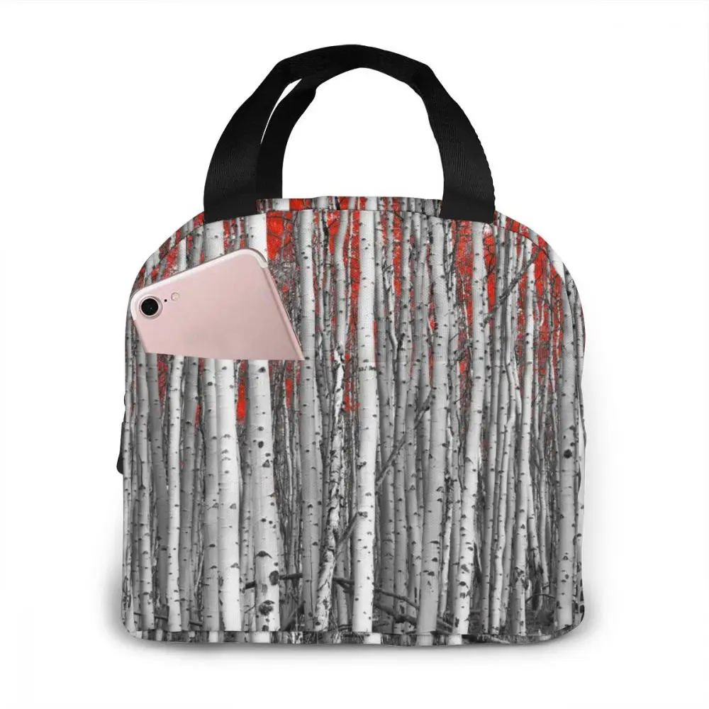 

Портативная сумка для ланча, серая Березовая елка с красным утеплителем, теплоизолированная Сумка-тоут, сумка-холодильник, бэнто-пакет, кон...
