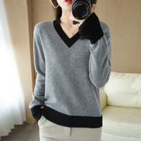 spring autumn and winter new color matching v neck wild long sleeved pure wool top womens fashion pullover knitted sweater
