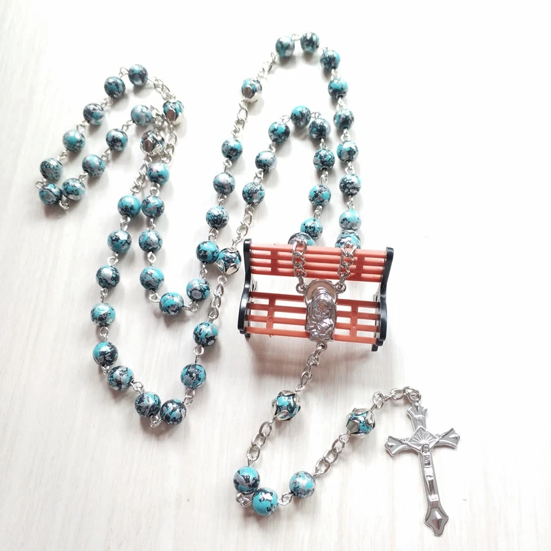 Ожерелье QIGO с зеленым акриловым длинным кулоном религиозный крест Розария