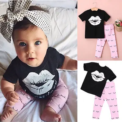 2020 Top Newborn Infant Kids Baby Girls Kiss Printing T-shirt +Pants Outfits Clothes Set | Детская одежда и обувь