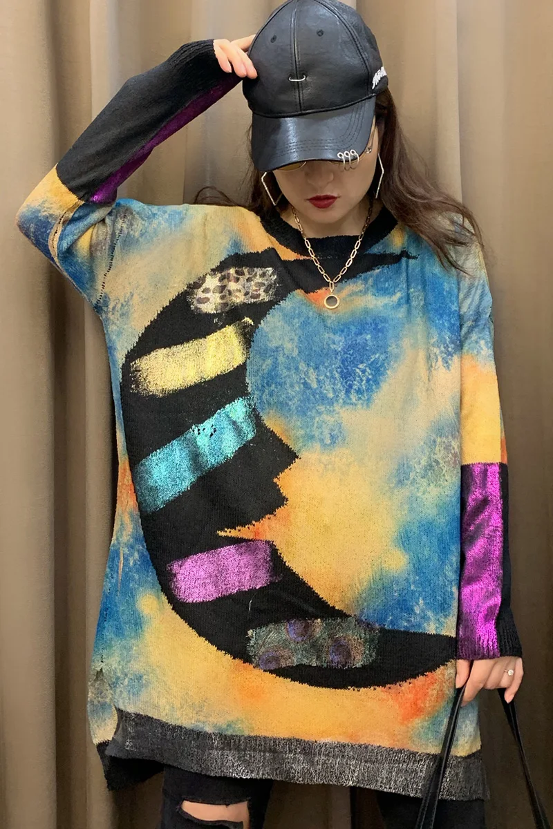 

Unique Tie Dye Sweaters Gold Print Women Tide Plus Size Jumpers Long Sleeve Fashion Vintage Plus Size Tops Women 2020 SA137S3
