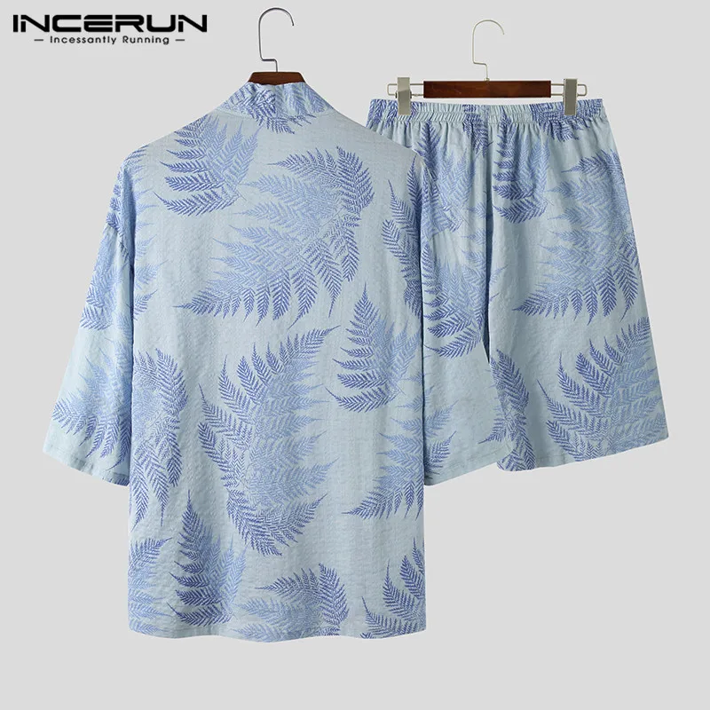 

INCERUN Fashion Printed Men Sets 3/4 Sleeve Open Stitch Cardigan Tops Loose Shorts 2 Pieces Streetwear Casual Men Hawaiian Sets