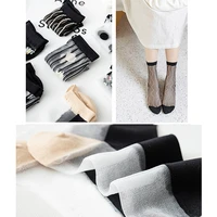 glass silk socks breathable cotton bottom flower socks transparent fashion hosiery mid tube summer socks for women