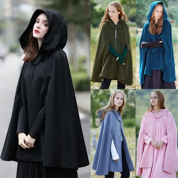 

women coat coat thin woolen temperament loose autumn and winter hooded sleeveless one-button solid color temperament cloak