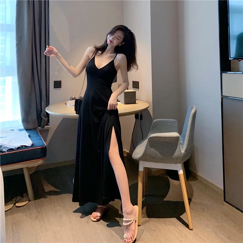 

long dress Bohemian solid black dresses sexy beach holiday Spaghetti Strap elegant casual midi length