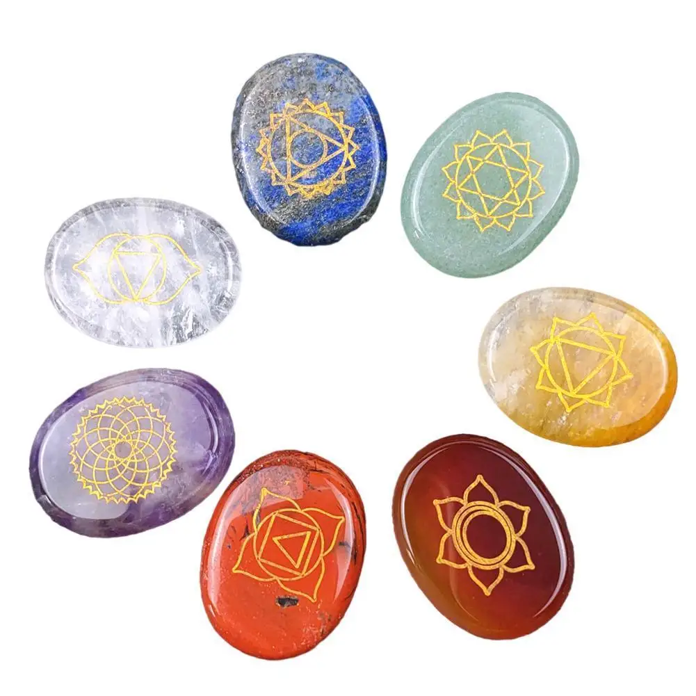 

7Pcs Chakra Stones Reiki Healing Crystal With Engraved Chakra Symbols Holistic Balancing Polished Palm Natural Stones