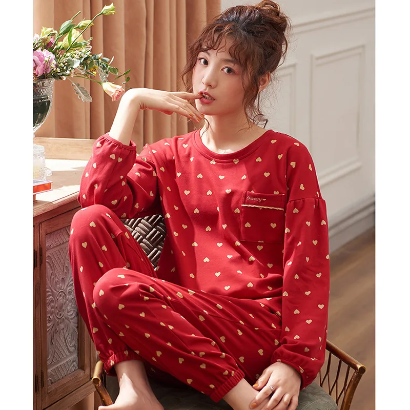 

Nightgown lady cotton long sleeve large size red wedding autumn and winter home wear this life year love suit