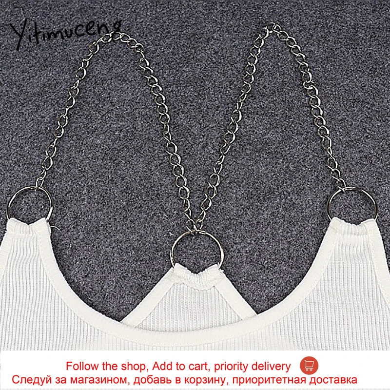 

Yitimuceng Halter Camis Black Tank Tops for Women Chain Backless Spaghetti Strap Summer 2021 Sexy Spliced Crop Top Fashion New