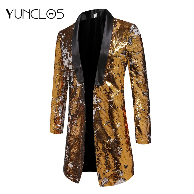 Блестящий золотистый блестящий мужской пиджак с пайетками украшенный смокинг