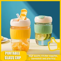 glass drinking bottle coffee outdoor transparent water cup portable kids water bottle with straw handle ring travel drinkware