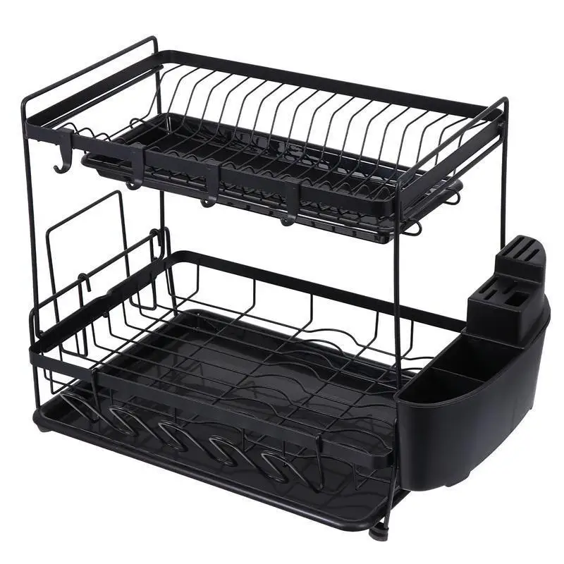 Двухуровневая сливная чаша из углеродистой стали, кухонная корзина, держатель для тарелок, органайзер (черный)
