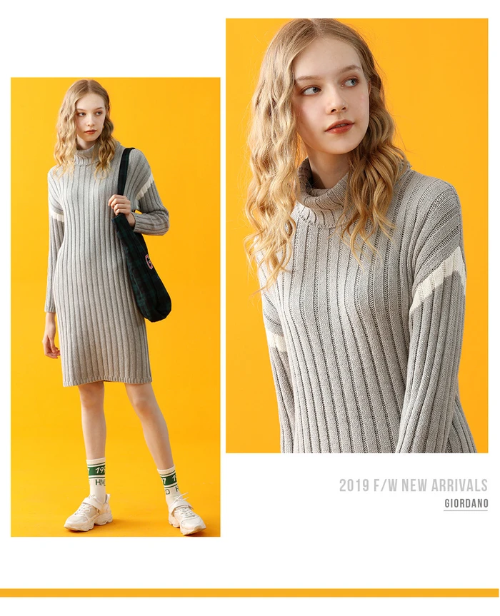 Giordano женское платье с высоким воротом контрастного цвета с длинными рукавами Vestidos 12 иглы вязание теплый халат Femme 05469888