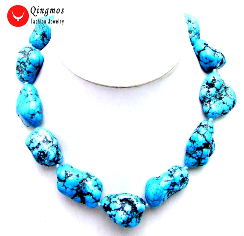

Qingmos 20-30mm BAROQUE Natural BLUE TURQUOISE NECKLACES for Women Genuine Stone Necklaces Natural 18" Chokers Jewelry ne6011