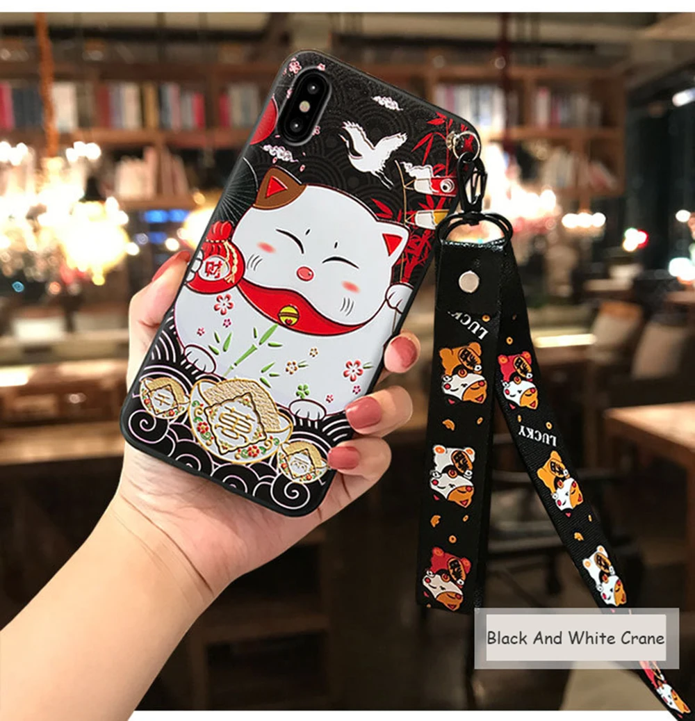 Модный милый чехол для телефона iPhone 6 6s 7 8 Plus X XS MAX XR Lanyard Lucky Cat Мягкий Силиконовый