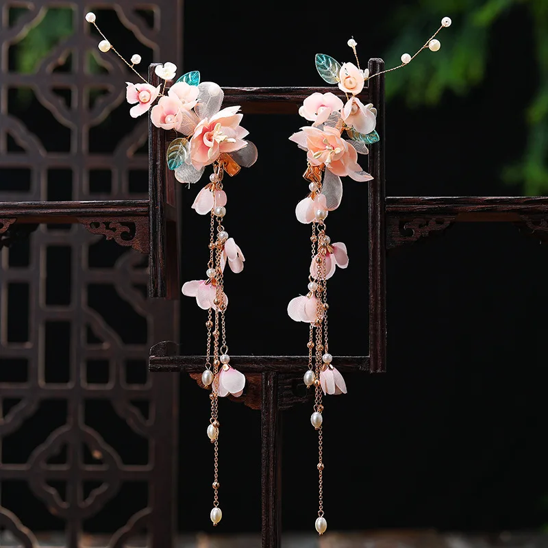 

Chinese Hair Sticks Sets Glass Leaf Decoration Pink Snow Tooth Flower Women's Headdress Antique Wedding Hair Accessories