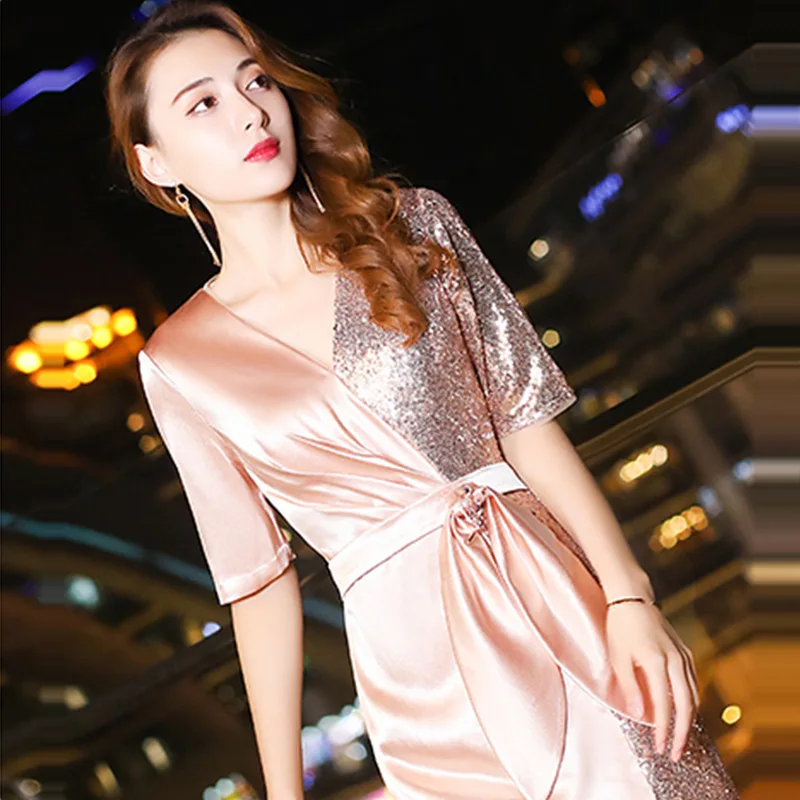 

Evening Dress Split V-neck Women Party Dresses Floor Length Sequin Robe De Soiree Chiffon Half-sleeve Formal Gowns 2019 F209