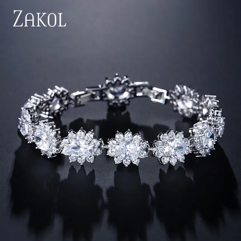 White Bracelet Изысканный Овальный набор ювелирных изделий ZAKOL из голубого циркония с микро инкрустацией с роскошным белым цветом для подружки невесты ювелирные изделия FSSP018 - Окраска металла: White Bracelet