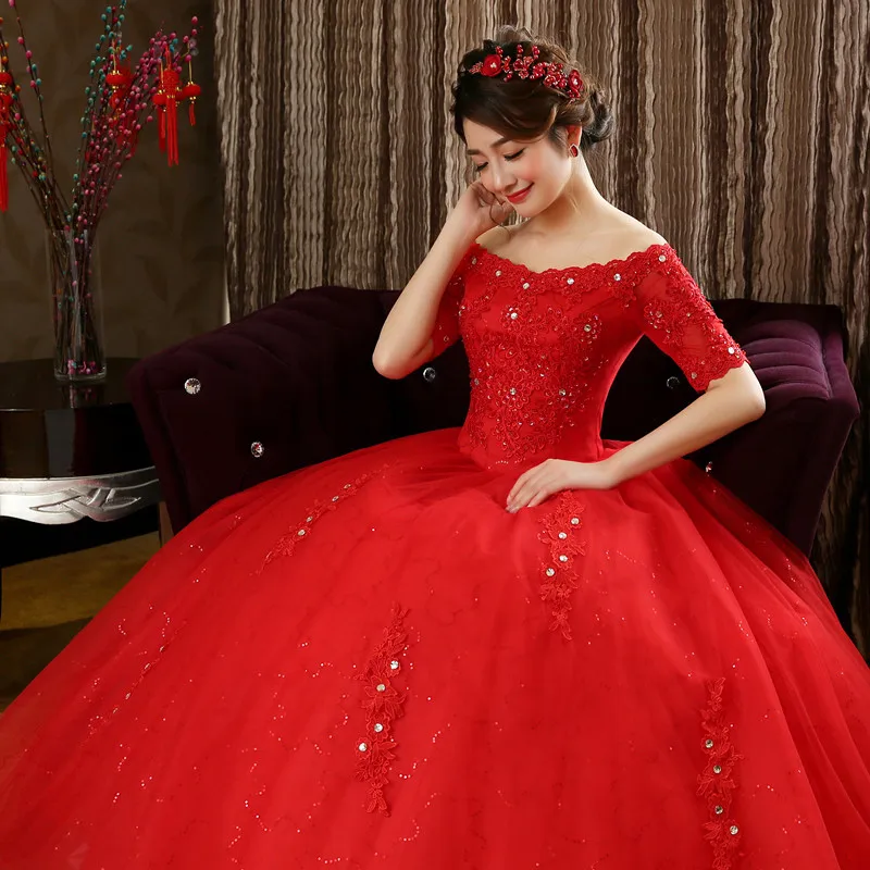 

Wedding Dress 2021 New Bride Lace Sleeve Big Red Studio Wedding Dress with a word shoulder-to-shoulder.