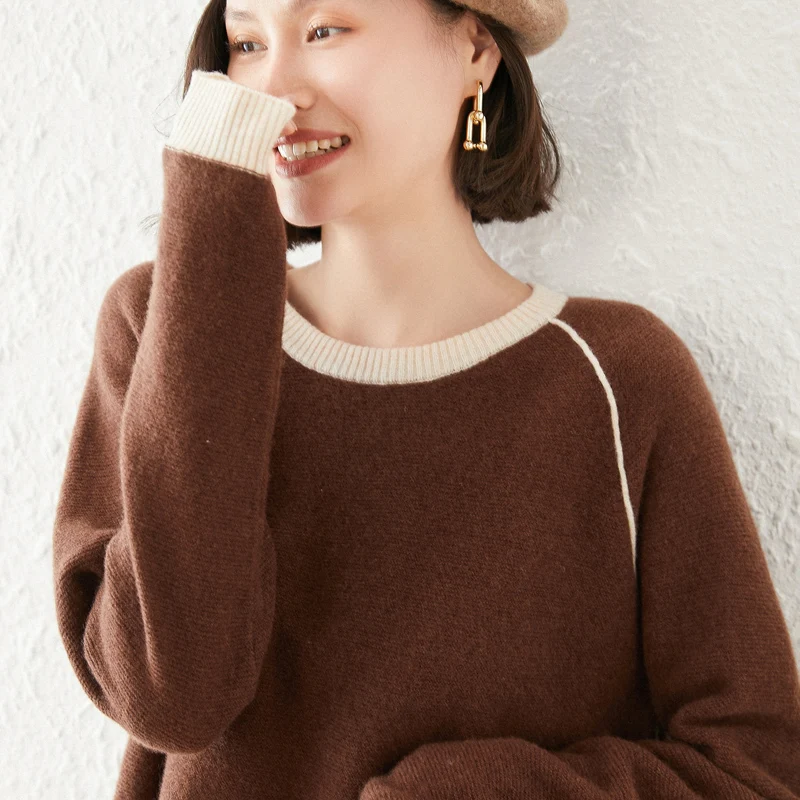 

Color-Blocking Plus Size Cashmere Sweater Women' Fall/Winter Round Neck Pullover All-Match Loose Knit 100%Pure Wool Top 2021 New