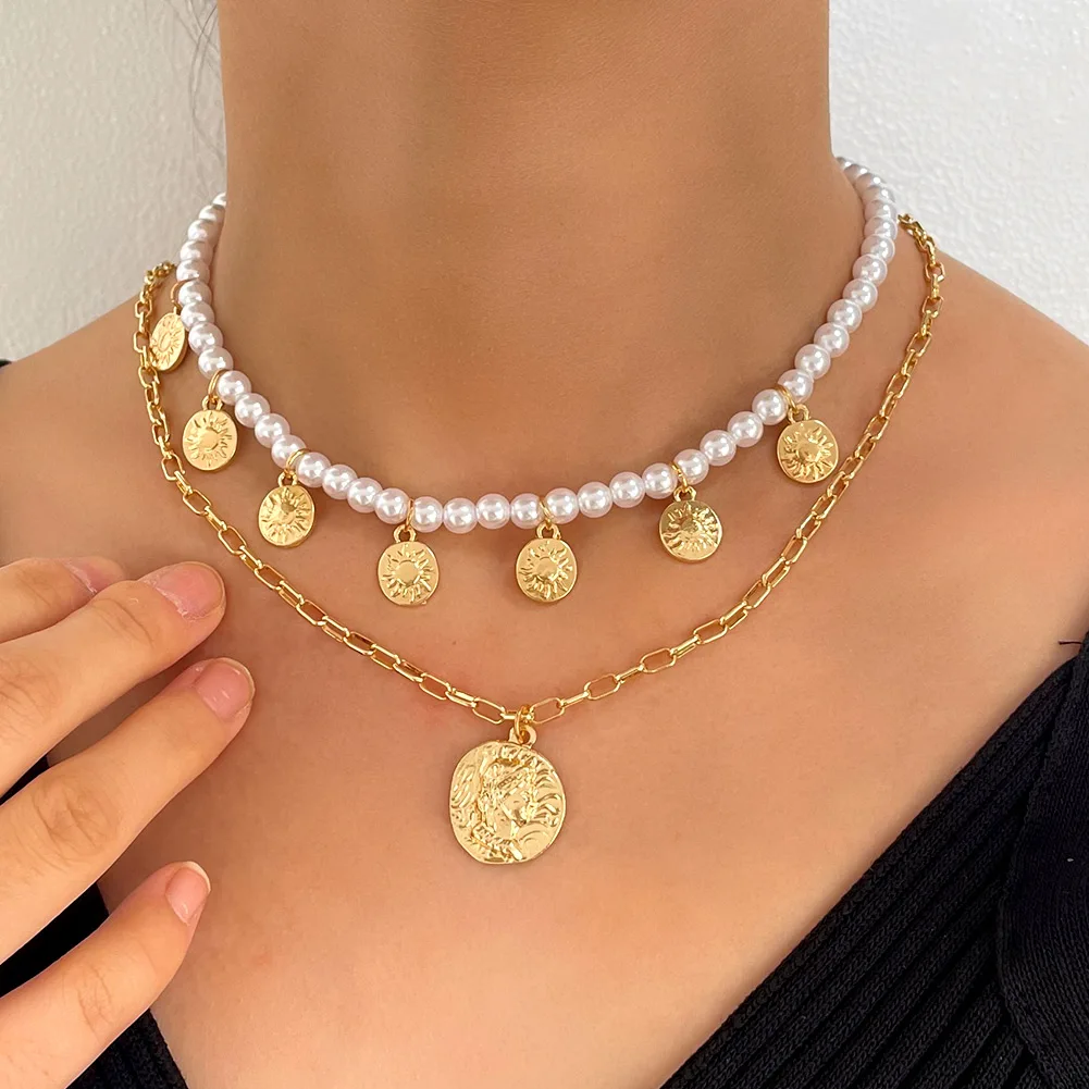 

2 Pcs/Set White Pearl Bead Strand Portrait Sun Round Coin Pendant Necklace Women Simulated-pearl Beaded Layered Jewelry New