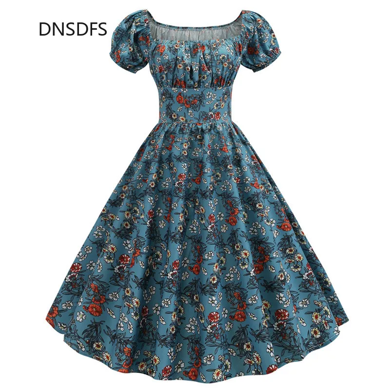 Summer 50S 60S Hepburn Celebrity Midi Dress Vintage Square Neck Floral Print Women White Blue Big Swing Slim Party Dresses | Женская