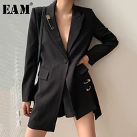 eam women black pin stitch irregular blazer new lapel long sleeve loose fit jacket fashion tide spring autumn 2022 1w483