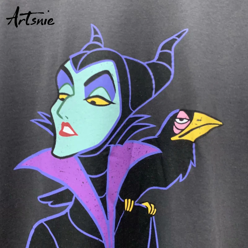 Artsnie summer 2020 cartoon print women t shirt o neck short sleeve tops female streetwear casual black gray t-shirt mujer | Женская