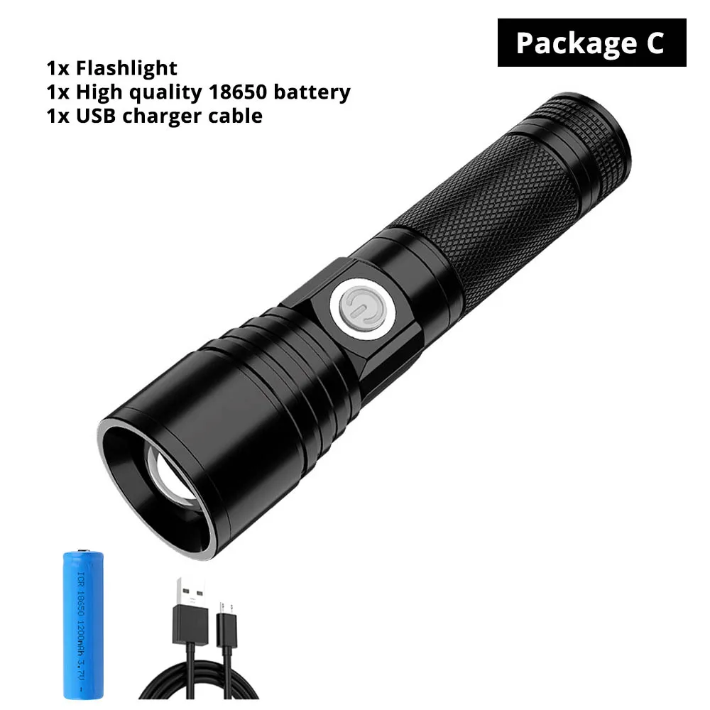 Package C USB Перезаряжаемый светодиодный фонарик супер яркий 5 Режим зум водонепроницаемый фонарь питание от 18650 комплект батареи для ночного освещения - Испускаемый цвет: Package C