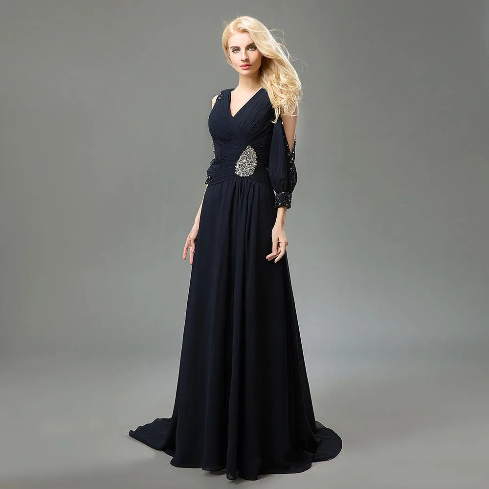 Evening Dresses Beads Deep V-Neck Empire Three Quarter Sleeves Elegant Floor-Length Pleat A-Line Simple Women Formal Gown G686 | Свадьбы и