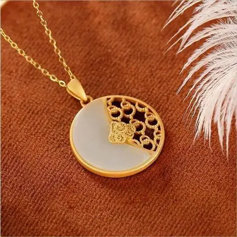 

Xiangyun Ruyi Hetian Jade round Moon Pendant S925 Sterling Silver Gold-Plated Hollow Pattern White Jade Necklace Ornament for Wo