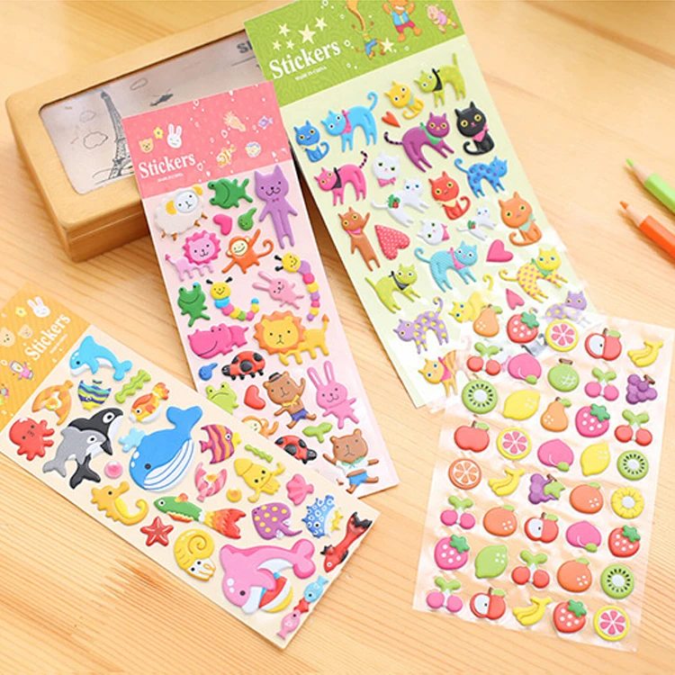 

7 Sheets/set Cute Cartoon Animal Fruit Prints Stickers Kids Diary Decoration 3D PVC Stationery Kindergarten Baby Gift Toys