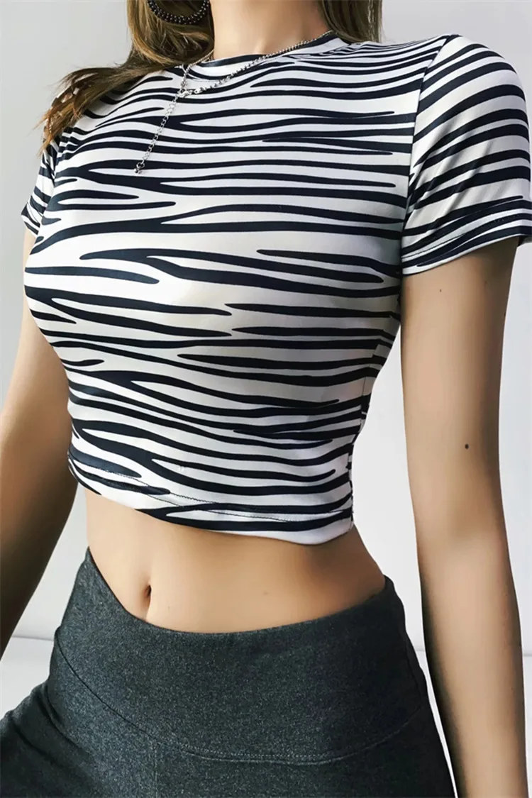 

American retro small round neck short sleeve zebra tight T-shirt high waist short body fitness T-shirt women's fashion