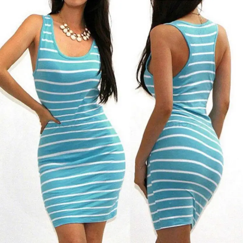 

Women Sleeveless Striped Sexy Party Sleeveless Brief Mini Dress Fashion Women Ladies Clothing Dress Bandage Bodycon