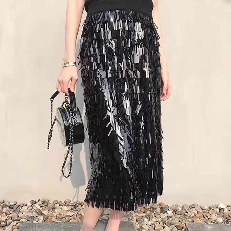 Женская юбка карандаш с блестками Повседневная однотонная черная вечерние