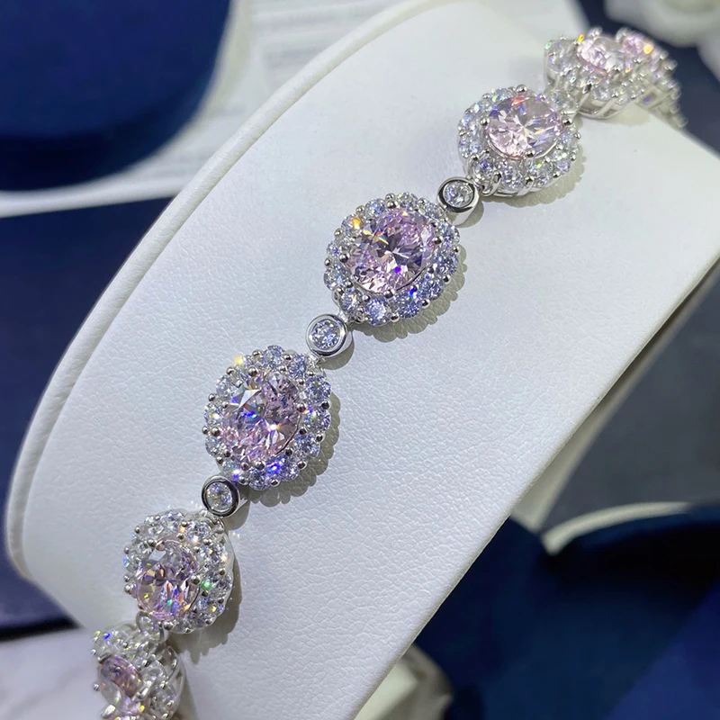DIMINGKE 6*8MM Pink High Carbon Diamond 17CM Bracelet 100%-S925 Sterling Silver Wedding Party Lover Jewelry Gift