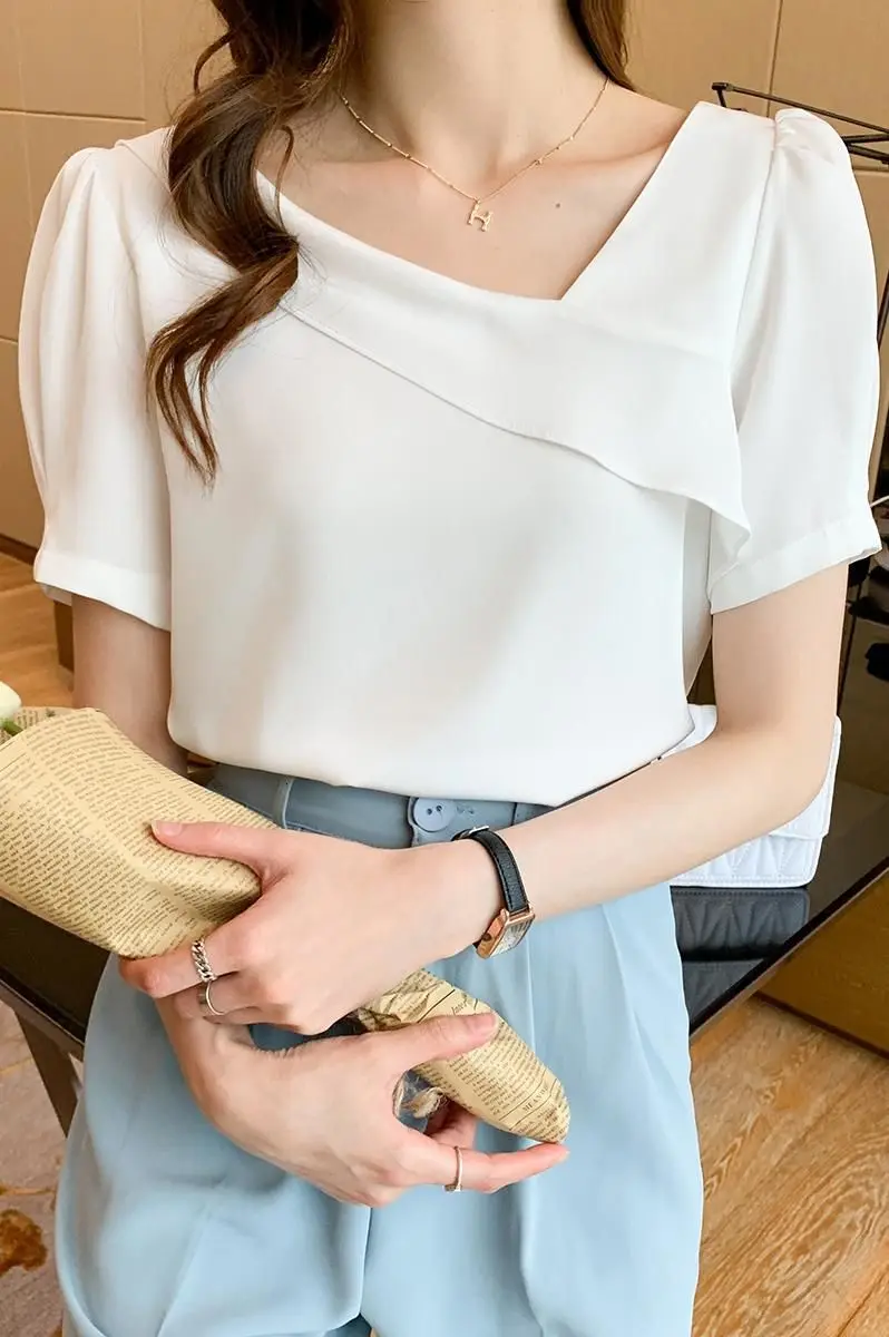 

2021 summer new Korean versatile slant collar Ruffle short sleeve fashionable shirt blouse summer