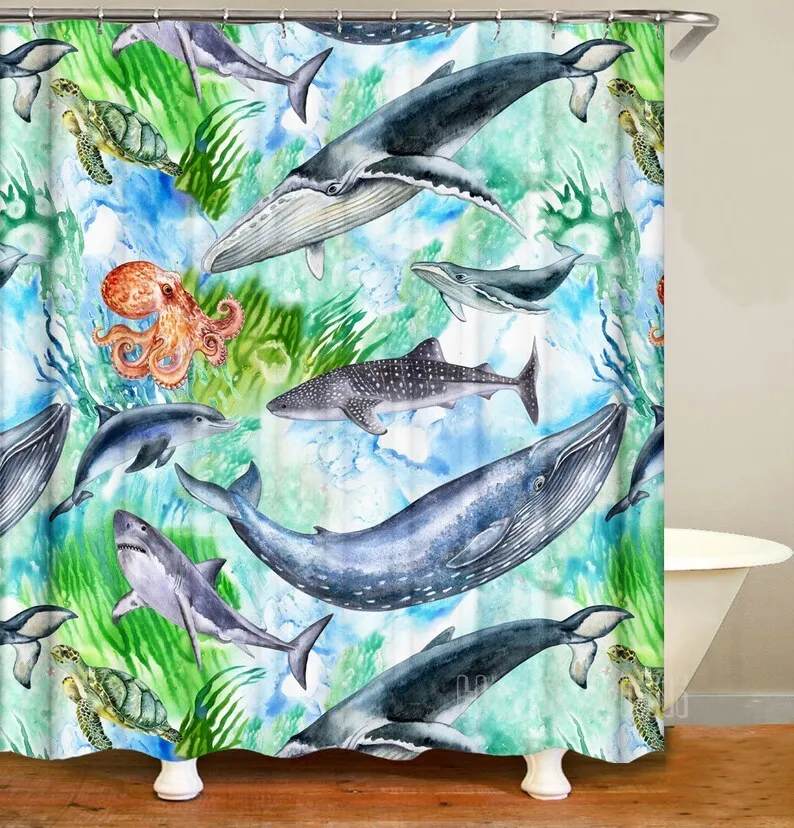 Водонепроницаемая шторка для душа в виде осьминога акулы черепахи | Дом и сад