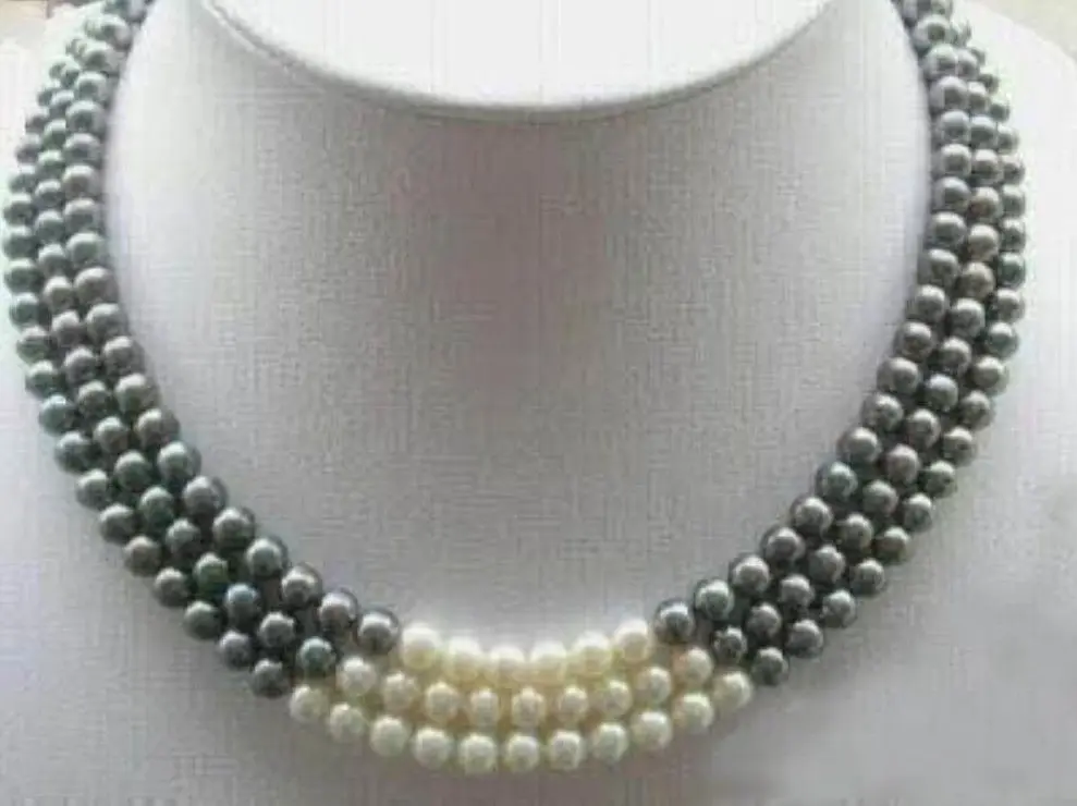 

New 3 Rows 7-8MM Black White Natural Pearl Necklace 17-19"