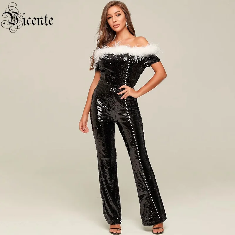 VC Free Shipping 2020 Chic Black Jumpsuit Sexy Off The Shoulder Feathers Embellished Celebrity Christmas Party Sequins Rompers