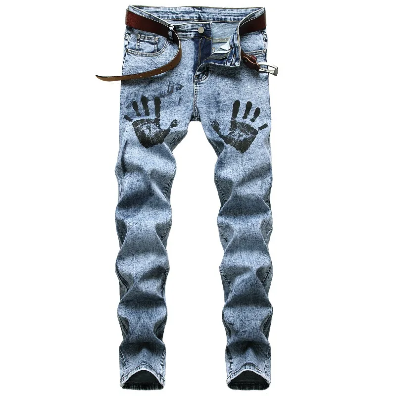 

European And American Foreign Trade Men's Jeans Palm Printing Stretch Light Blue Jeans Trend Men's Pants