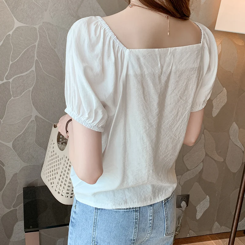 

2021 summer new Korean version of wild shirt drawstring short-sleeved temperament was thin top women