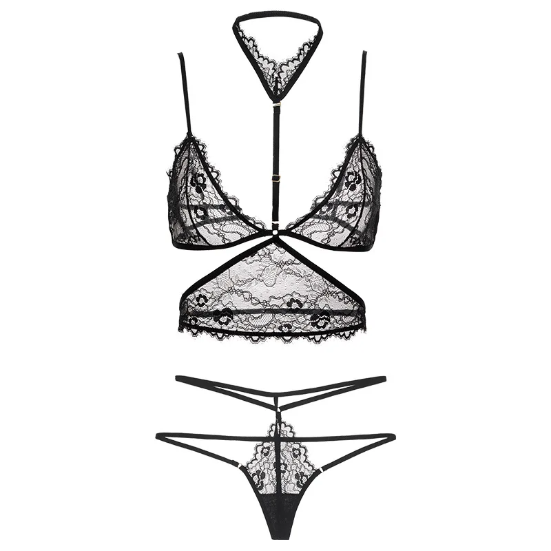 

2020 cross border European and American sexy lace bra set thong three piece set