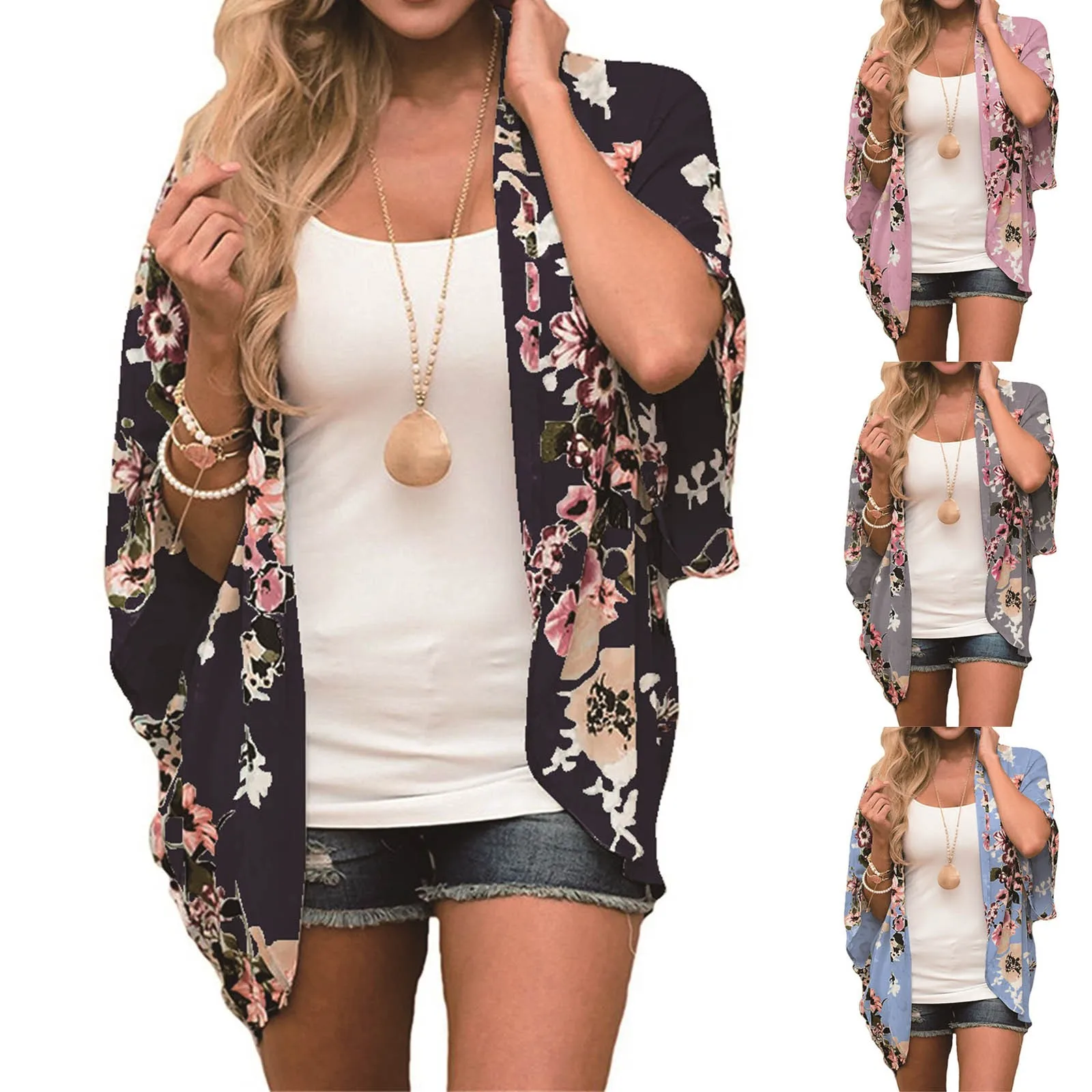 

Womens Floral Printed Kimono Beach Cover Up Fashion Chiffon Kimono Summer Open Front Loose Cardigan Top Thin Jumper Tops Holiday