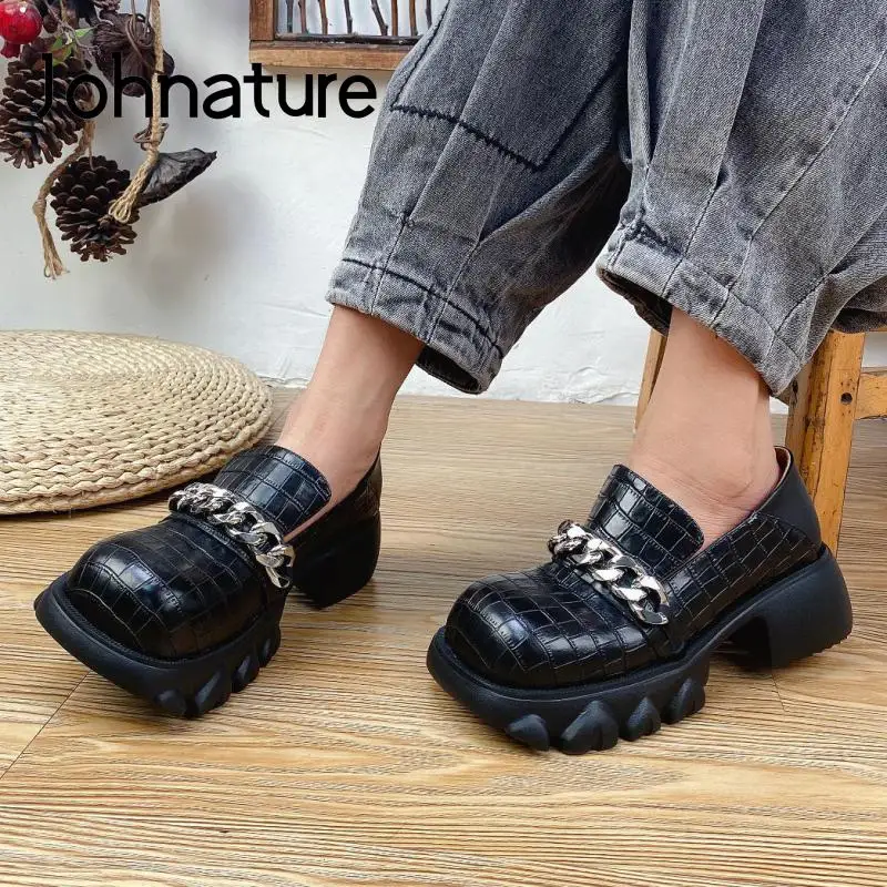 

Женские туфли из натуральной кожи Johnature, туфли-лодочки ручной работы на платформе с квадратным носком, в британском стиле, осенний сезон 2021